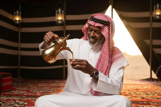 Saudi Man Pouring Arabic Coffee in Traditional Tent
