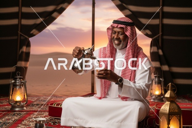 رجل سعودي يصب القهوة العربية في خيمة صحراوية