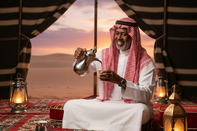 Saudi Man Pouring Arabic Coffee in Desert Tent