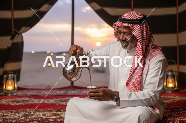 رجل سعودي يصب القهوة العربية في خيمة صحراوية