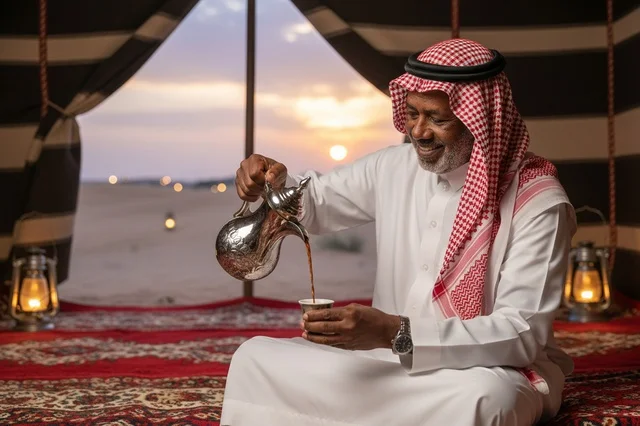 Saudi Man Pouring Arabic Coffee in Desert Tent