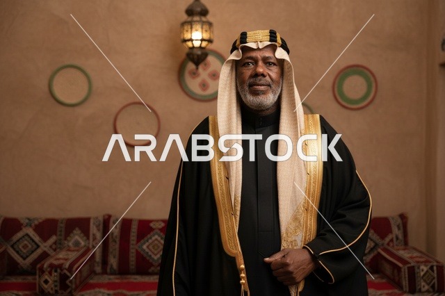 رجل سعودي مسن بالبشت الأسود والزي التقليدي