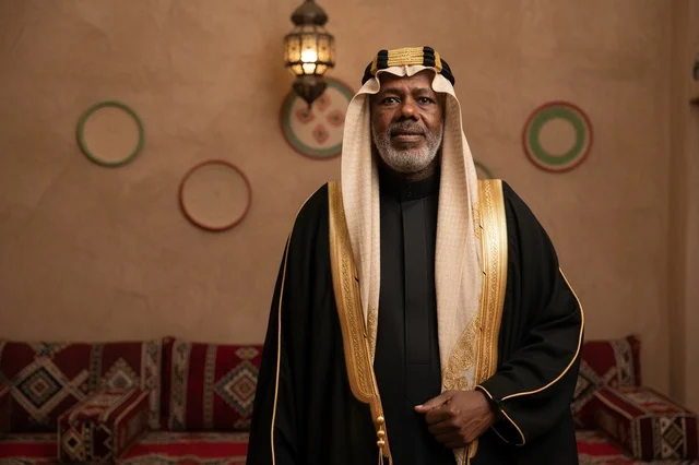 Elderly Saudi Man in Traditional Black Bisht