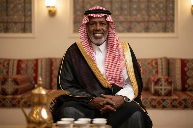رجل سعودي في مجلس تقليدي يرتدي البشت الأسود