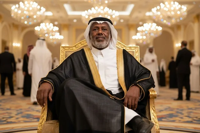 Saudi Man in Black Bisht on Golden Chair
