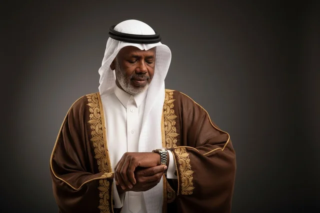 Senior Saudi Man in Traditional Bisht Checking Watch