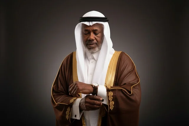 رجل سعودي بالبشت التقليدي ينظر إلى ساعة اليد