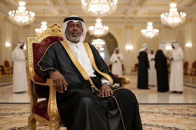 رجل إماراتي مسن يرتدي البشت الأسود في قاعة فاخرة