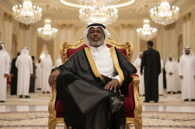 Saudi Man in Traditional Bisht on Gold Throne