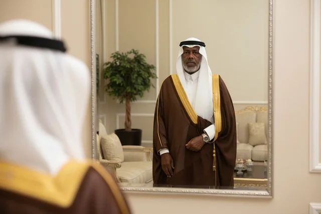 رجل سعودي مسن بالبشت التقليدي ينظر في المرآة داخل المنزل