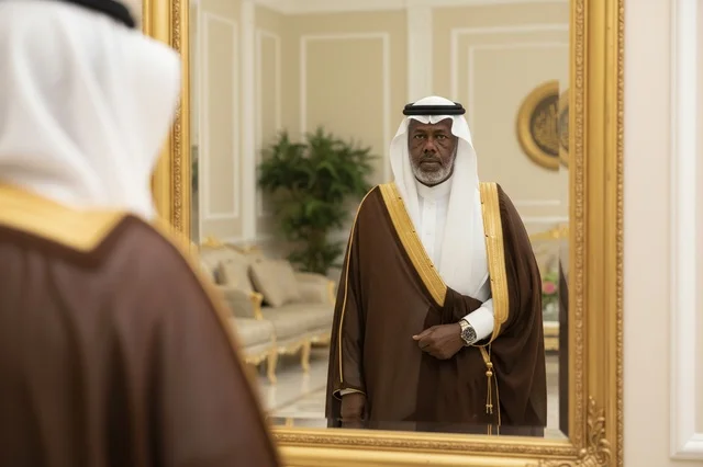 رجل سعودي مسن بالزي التقليدي أمام المرآة
