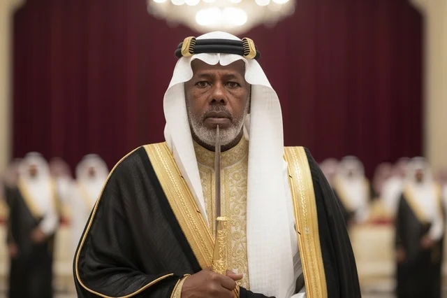 رجل سعودي بالزي التقليدي الرسمي يمسك السيف