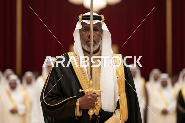 رجل سعودي بالبشت الملكي يمسك سيفاً احتفالياً