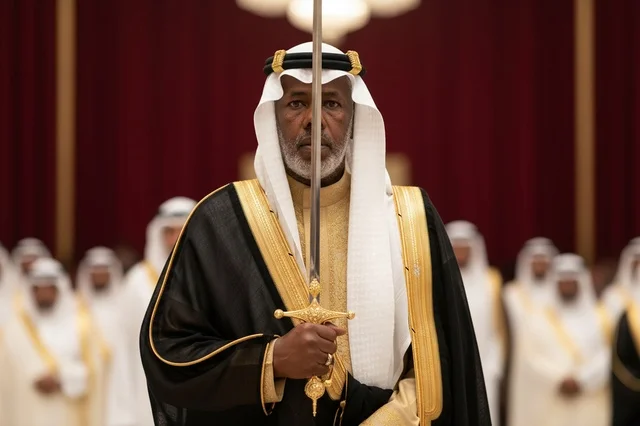 Elderly Saudi Man in Royal Bisht Holding Ceremonial Sword