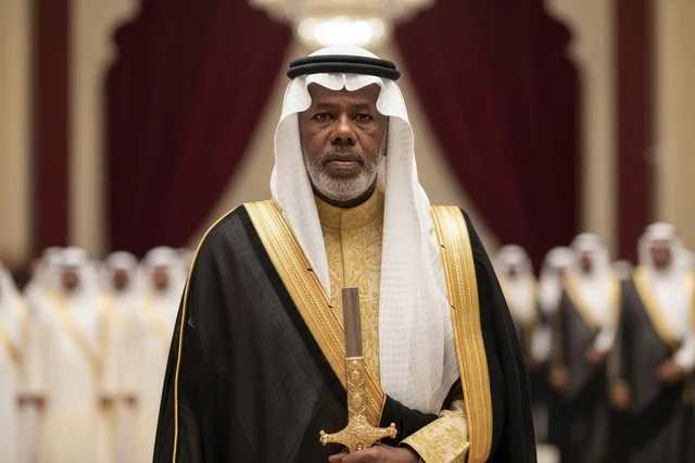رجل سعودي مسن بالزي التقليدي الرسمي والسيف الذهبي