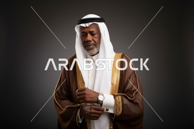 رجل سعودي مسن يرتدي البشت البني التقليدي