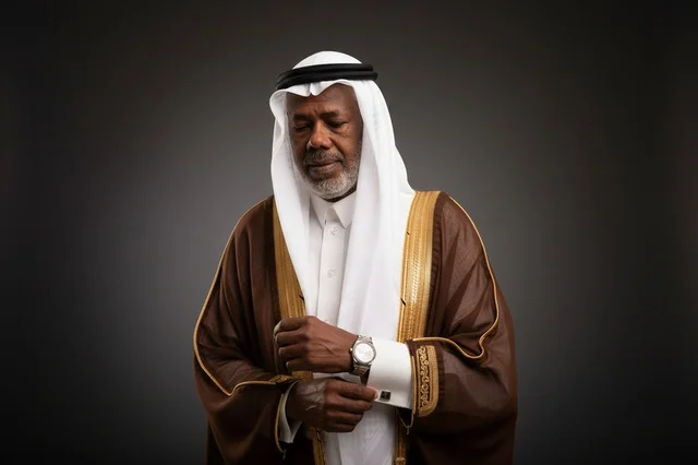 رجل سعودي مسن يرتدي البشت البني التقليدي