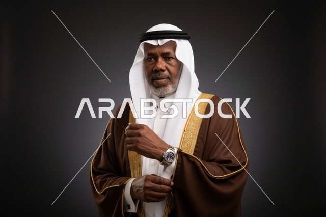 رجل سعودي مسن بالبشت البني والزي التقليدي الرسمي
