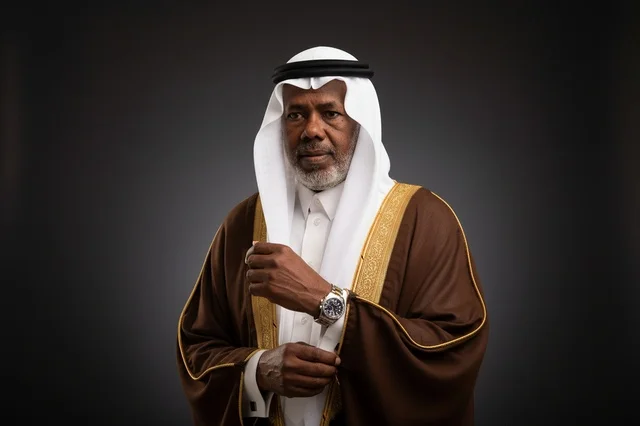 رجل سعودي مسن بالبشت البني والزي التقليدي الرسمي