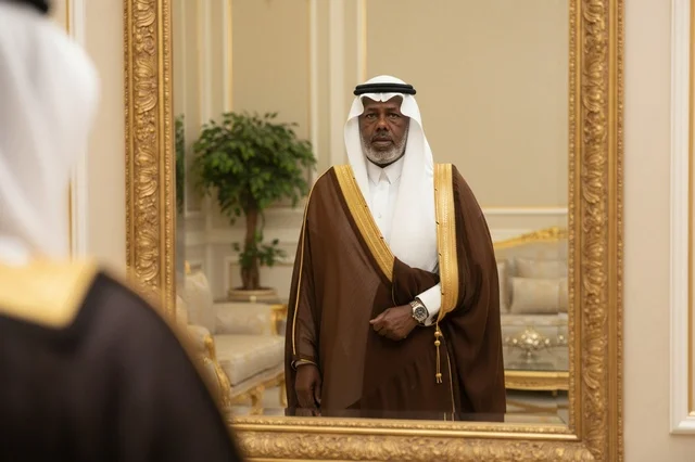 Saudi Man in Traditional Bisht Reflecting in Mirror