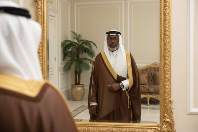 Senior Saudi Man in Traditional Bisht Mirror Reflection