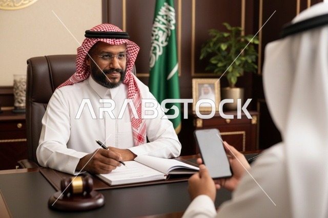 رجل سعودي في مكتب مع العلم الوطني ومطرقة القاضي