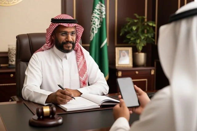 رجل سعودي في مكتب مع العلم الوطني ومطرقة القاضي