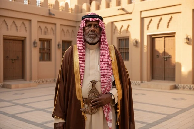 Saudi Man in Traditional Bisht and Dagger Heritage Site