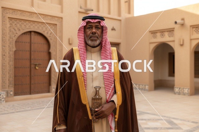 رجل سعودي مسن بالبشت التقليدي والشماغ في ساحة تراثية