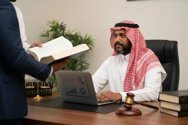 Saudi Lawyer in Office with Gavel and Law Books