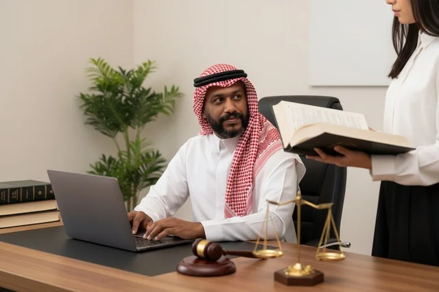 Saudi Male Lawyer in Traditional Dress at Office Desk