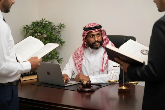 قاضي سعودي في مكتبه مع محامين وميزان العدل