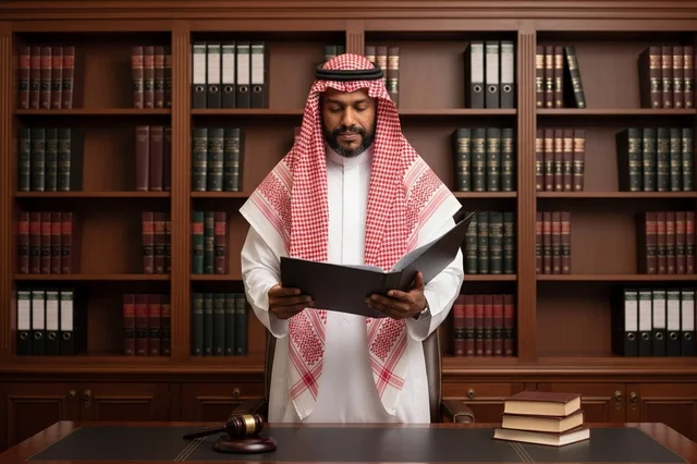 Saudi Lawyer in Traditional Dress in Legal Library