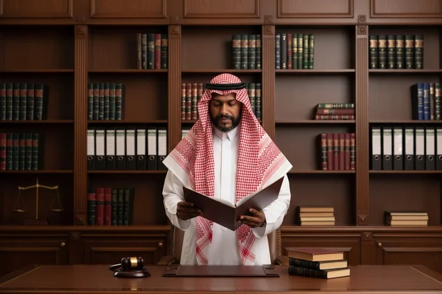 محامي سعودي بالزي التقليدي يقرأ ملفاً قانونياً