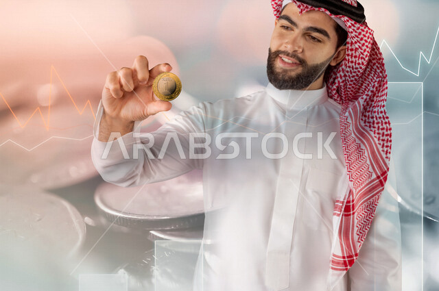 رجل عربي خليجي سعودي مبتسم يحمل بيده عملة نقدية  للريال السعودي يقف أمام خلفية لعملات نقدية و رسوم بيانية مدموجة بتقنية الهولوجرام ثلاثية الأبعاد ، التداول في العملات الرقمية ، الإقتصاد السعودي ، الإستثمار والتداول في البورصة ، الاقتصاد والنمو المالي السع