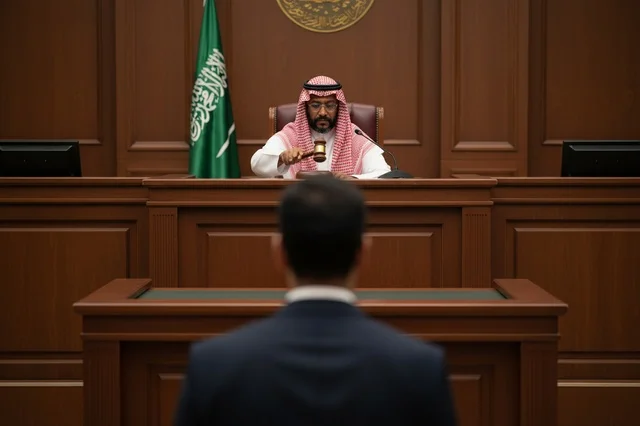 قاضي سعودي في قاعة المحكمة مع المطرقة القانونية