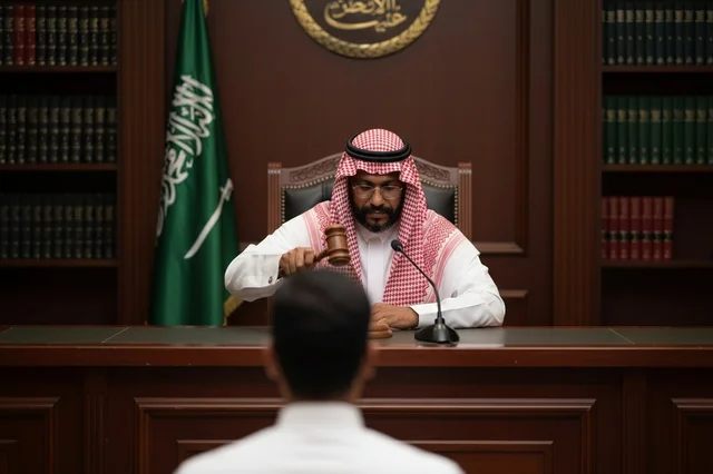قاضي سعودي في المحكمة مع المطرقة والعلم السعودي