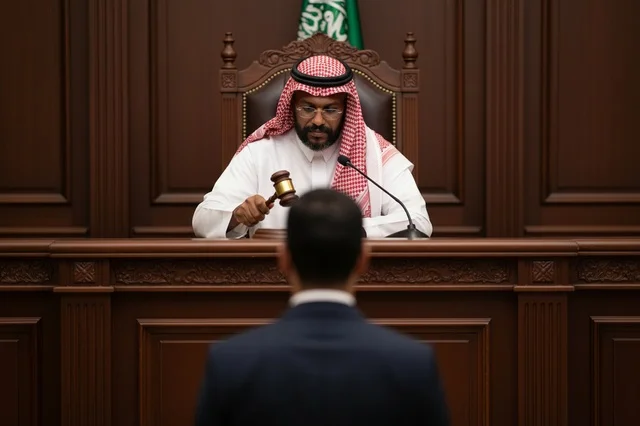 Saudi Judge Holding Gavel in Courtroom Scene
