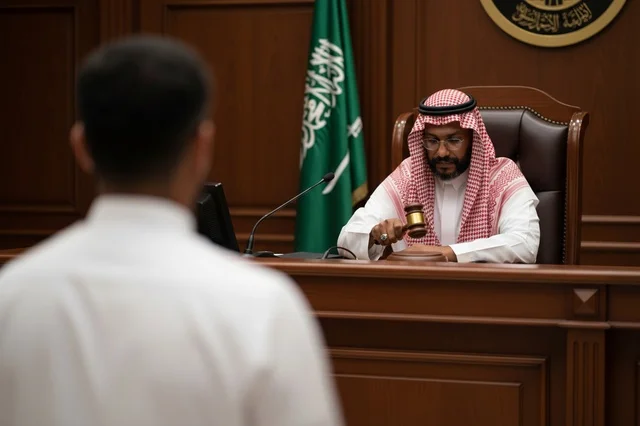 قاضي سعودي في قاعة المحكمة مع المطرقة والعلم