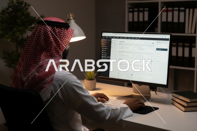 Saudi Man Working on Computer in Office