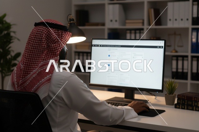 Saudi Businessman Working at Computer Night Office