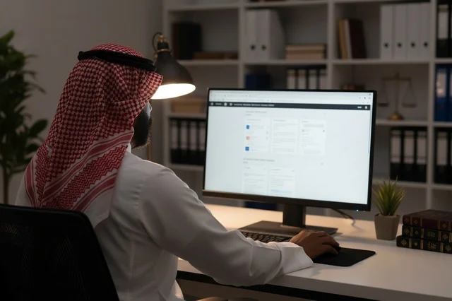 Saudi Businessman Working at Computer Night Office