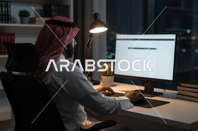 رجل سعودي يعمل على جهاز الكمبيوتر ليلاً