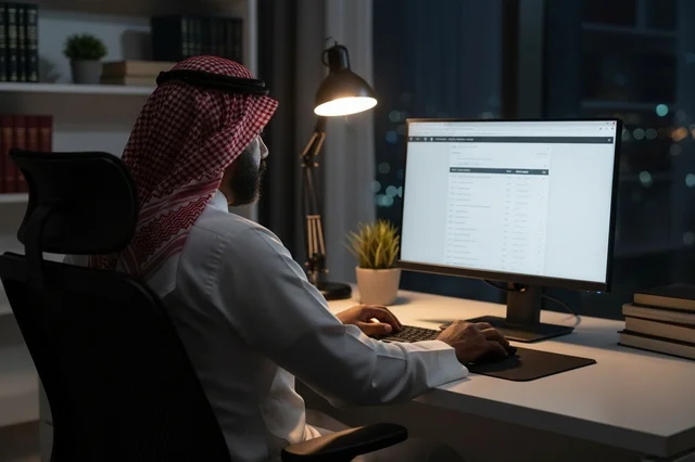 رجل سعودي يعمل على جهاز الكمبيوتر ليلاً