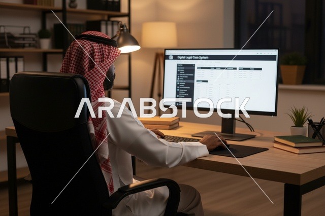 Saudi Man Working on Computer in Home Office at Night