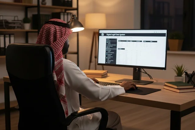 Saudi Man Working on Computer in Home Office at Night