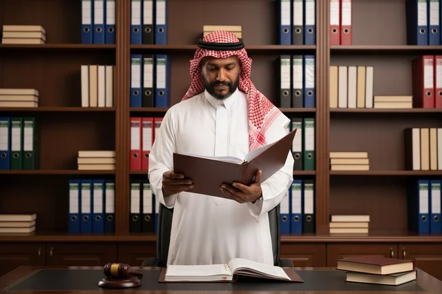 Saudi Lawyer in Legal Office with Gavel and Files