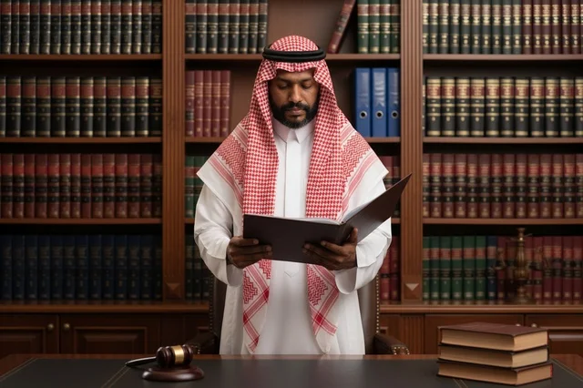 محامي سعودي بالزي الرسمي في مكتبة قانونية