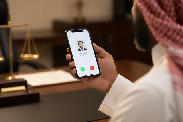 محامي سعودي يمسك هاتف ذكي في مكتب محاماة