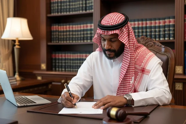 محامي سعودي يوقع وثائق قانونية في المكتب
